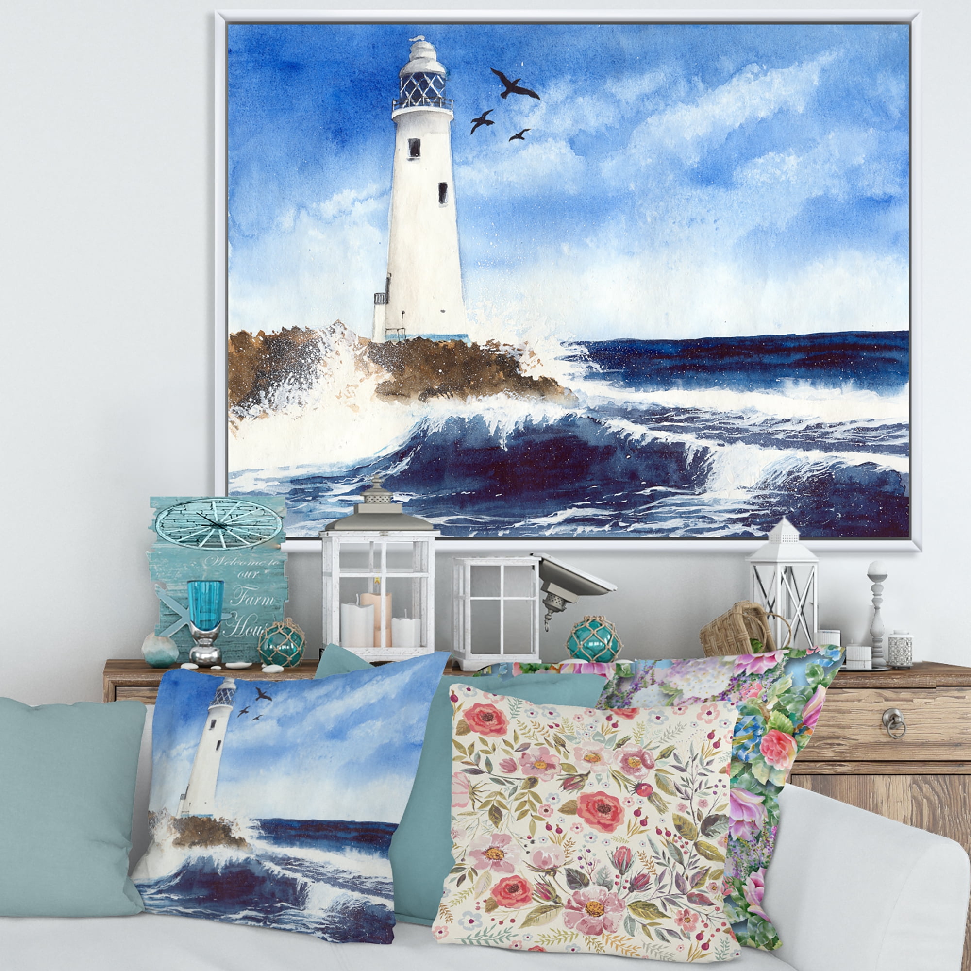Designart 'Seagulls With Lighthouse On The Rocky Island' Nautical & Coastal Framed Canvas Wall Art Print