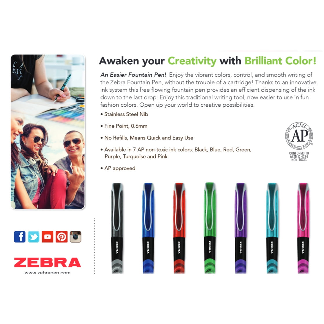 Zebra Fountain Pen, Fine Point, 0.6mm, Assorted Colors, Non-Toxic Ink, 7-Count, Model Number: 48307