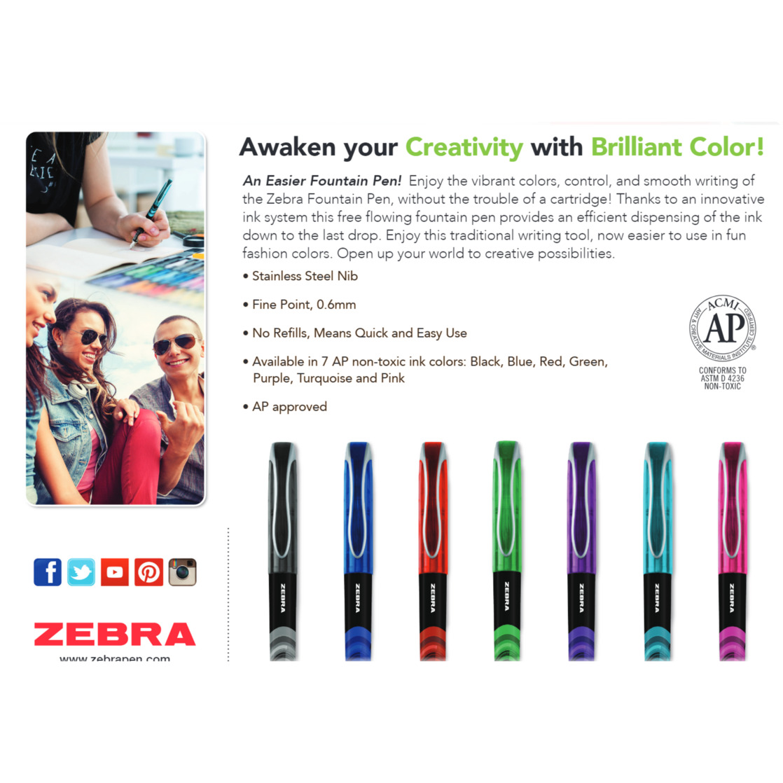 Zebra Fountain Pen Assorted Colors, 7-Pack photo 4