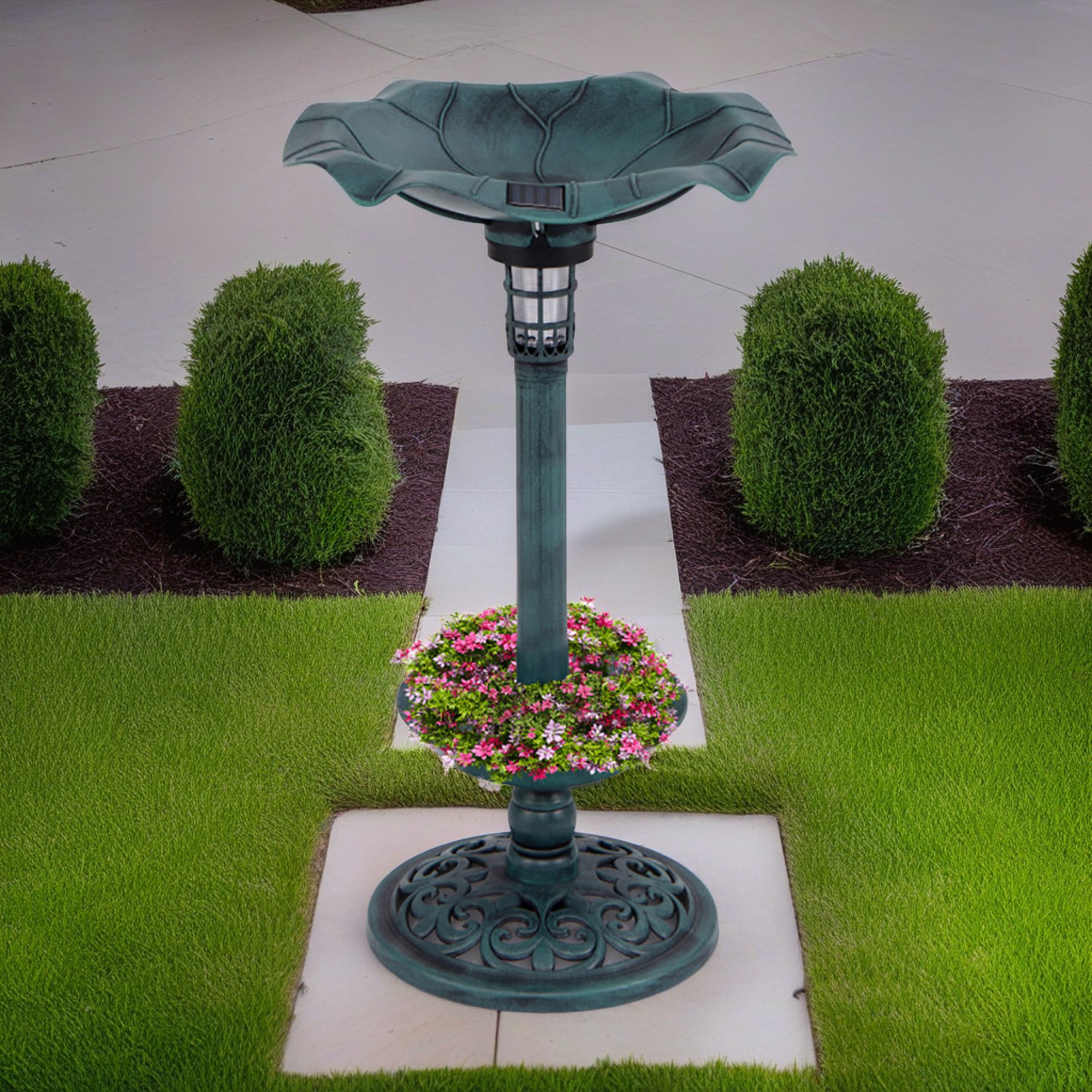 Kadyn 30" Outdoor Garden Bird Bath with Solar Light, Weather Resistant Pedestal, Backyard Bird Feeder and Flower Planter, Green