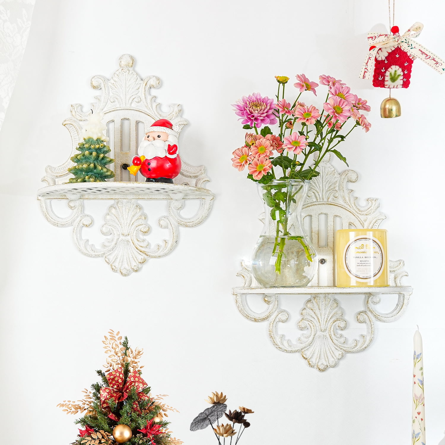 Sungmor Gothic Floating Shelves Cast Iron Old-Fashioned White Wall Decor, 2PC
