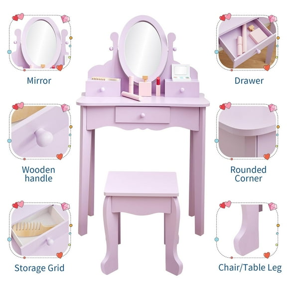 Yeshouse Kids Vanity Set with Mirror & Stool, Wooden Princess Makeup Dressing Table with Drawer and Chair for Girls Ages 4-9, Perfect Pretend Play Vanity for Toddlers