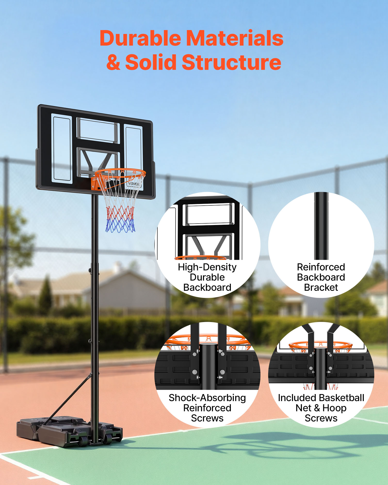 VEVOR Portable Basketball Stand, 4.4 ft to 10 ft Height Adjustment Basketball Hoop & Goal, Adjustable Basketballs Goal System with Built-in Rolling Wheels for Kids, Teens, Adults in Driveways, Pools