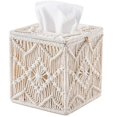 thumbnail image 1 of Funda para caja de pañuelos, decoración bohemia, porta pañuelos de papel con hebilla de cuentas, organizador de servilletas de macramé, color blanco, 1 of 5