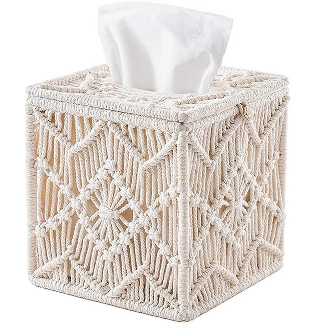 Funda para caja de pañuelos, decoración bohemia, porta pañuelos de papel con hebilla de cuentas, organizador de servilletas de macramé, color blanco