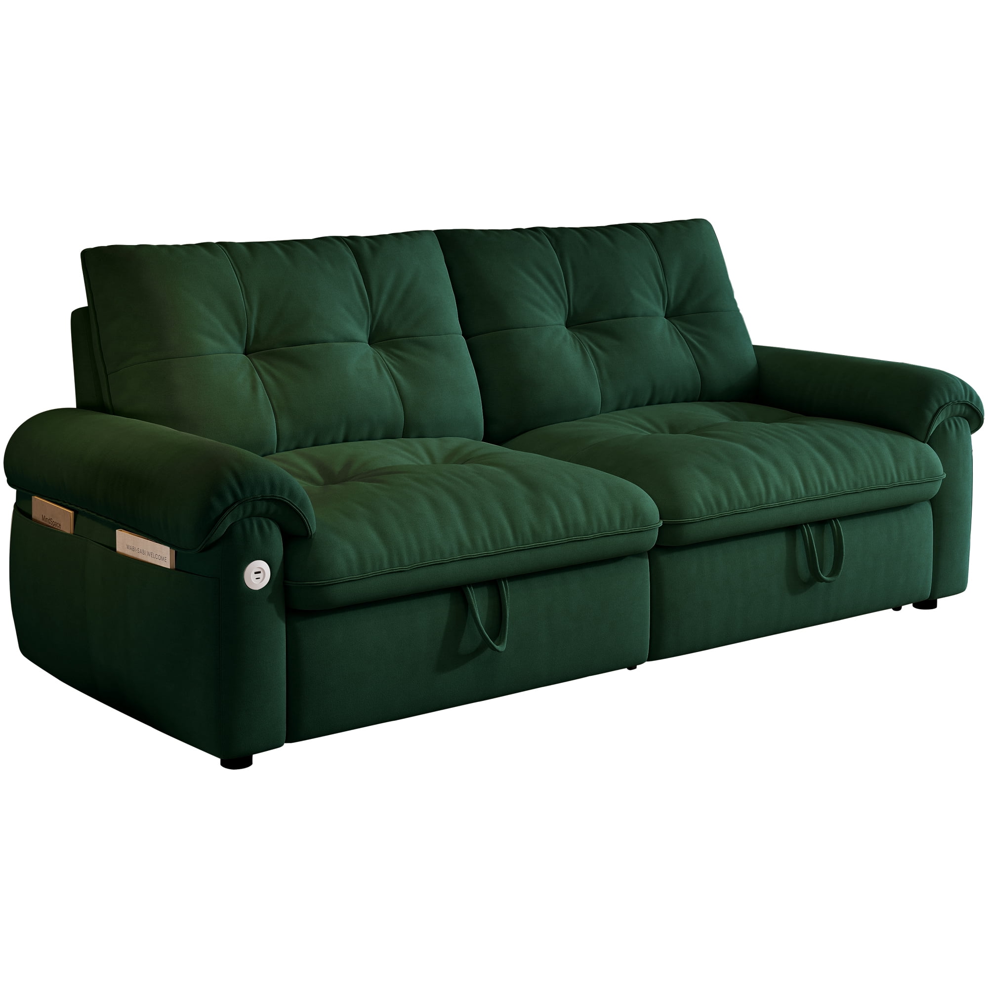 AISWORD 77"W Convertible Sleeper Sofa Bed,Velvet Pull-Out Loveseat Sofa Couch with USB Charging Port & Side Pockets,Modern Living Room Furniture for Small Spaces,Green