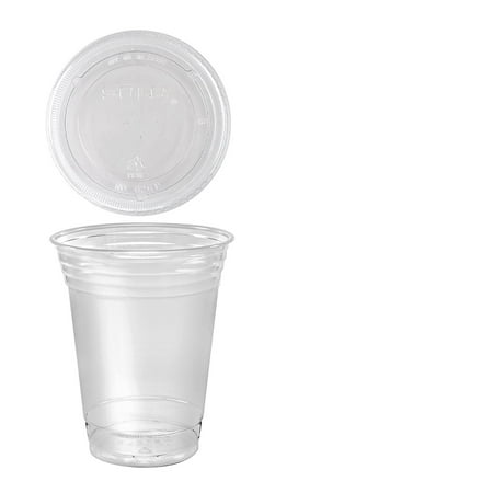 A World Of Deals 100 Sets 16 oz. Plastic CLEAR Cups with Flat Lids for Iced Coffee Bubble Boba Tea (Pele Best Goal World Cup)