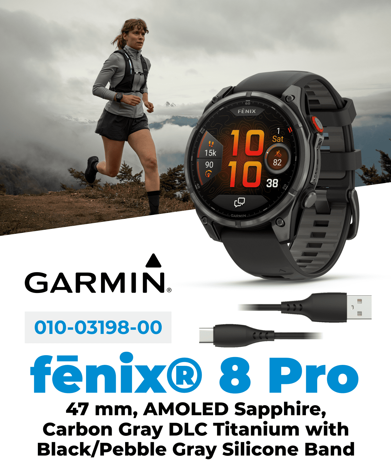 Garmin Fenix 8 Pro 47mm AMOLED Sapphire Premium Connected Multisport GPS Smartwatch, inReach, Carbon Gray DLC Titanium & Black/Pebble Gray Silicone Band w/ Wearable4U Black Earbuds Bundle