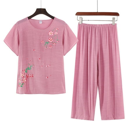 

YMH 2 Pcs/Set Elderly Ladies Pajamas Loose Type Short Sleeve Flower Print Ealstic Waist Straight Pants Mother Pajams Suit Daily Clothes
