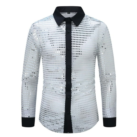 VSSSJ Men's Shiny Sequin Shirt Sparkling Long Sleeve Button Down Collar Slim Fit Party Nightclub Tops White M