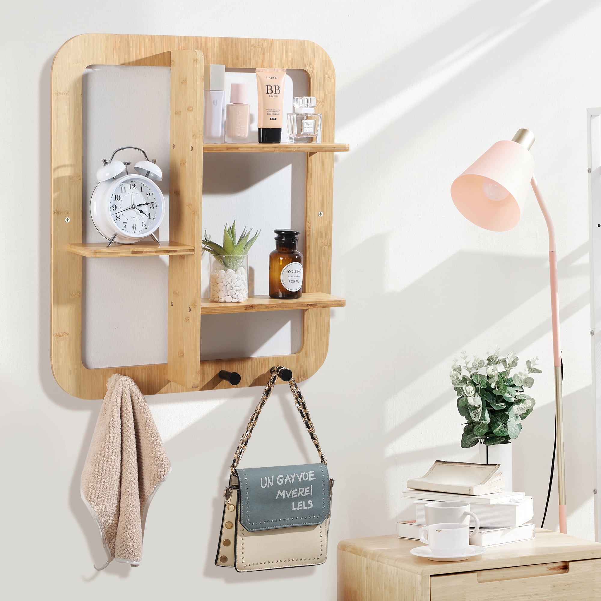 Proman Products Fiji Wall Mounted Bamboo Floating Shelves, Book Shelves, Storage shelves Organizer with Hooks Clothes Hat Bag for Living Room, Bathroom, EntryWay (Natural)