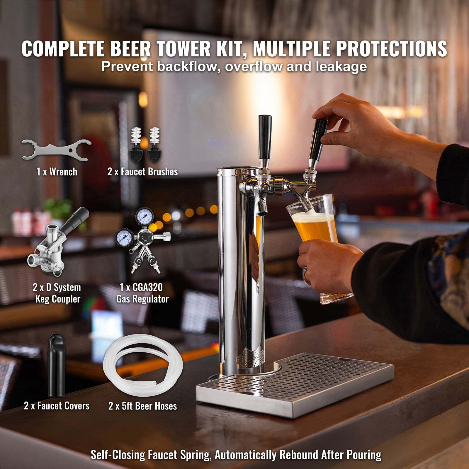 KFFKFF Dual Tap Kegerator Tower Kit, Stainless Steel Beer Dispenser with Dual Gauge Regulator, D-System Keg Coupler, and Drip Tray for Home or Party Use