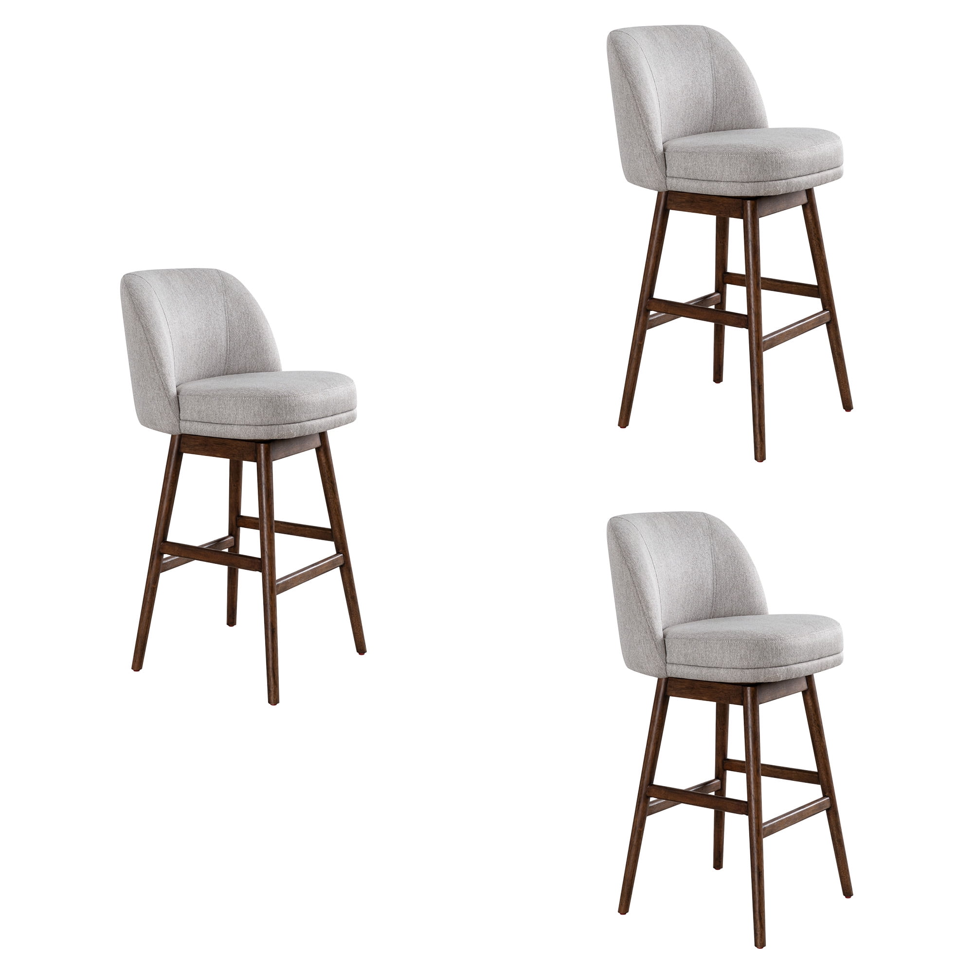Sadie Brown Solid Wood Upholstered 30" Bar Height Swivel Barstool with Taupe Fabric Seat - Set of 3