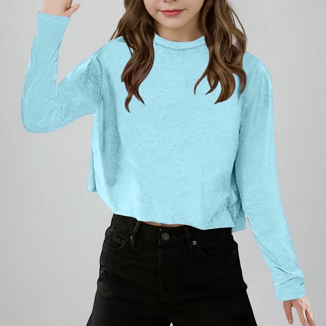 MKOSPLRT Hauts Courts à Manches Longues pour Filles Col Rond T-Shirts Décontractés Y2K Blouses Coupe Ample Chemises Unies T-Shirts Légers de Printemps
