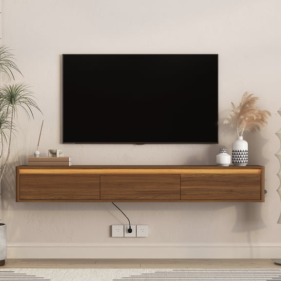 Floating TV Stand for TVs Up To 75 Inches, Modern Wall Mounted TV Stand with Led Lights & Power Outlet, 3 Cabinets, Floating TV Cabinet Entertainment Center for Living Room