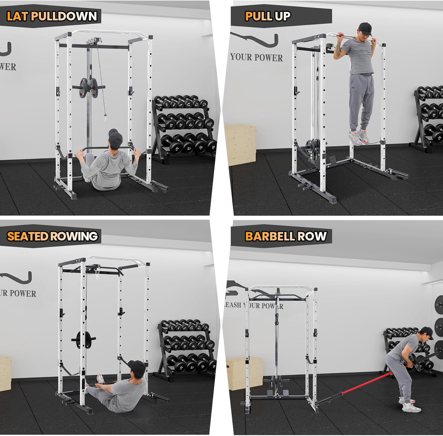 Hetoy 1600 Lbs Power Rack for Home Gym Squat Rack with Cable Pulley System & LAT Pull Down Workout Cage Strength Training Weight Cage with Dip Bar & J Hooks for Multiple Exercises,White