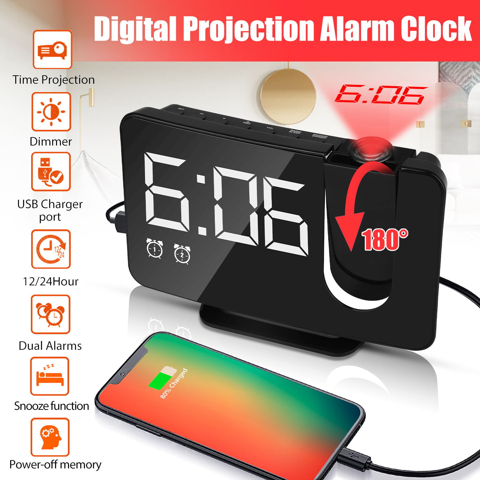 Projection Alarm Clock Radio for Bedroom Dimmable Simple Projector Alarm Clocks Great Gifts for Adults Elderly Large LED Digital Clock Livany Dual Alarm Clock with Projection on Ceiling/USB Charger