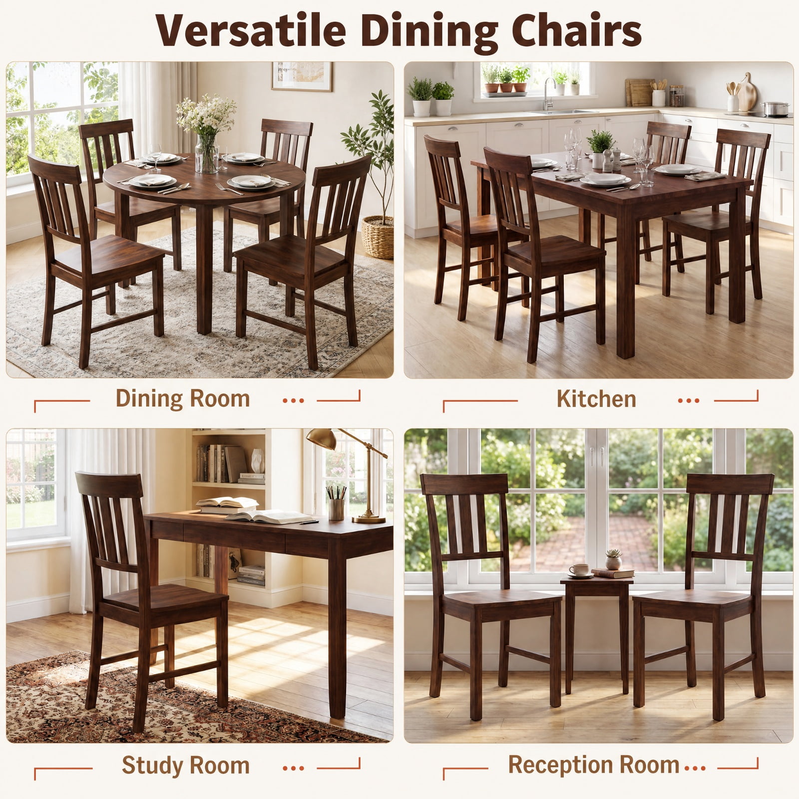Furnibear Rubber Wood Dining Chairs Set of 2 with High Slat Backrests for the Dining Room Kitchen Study and Reception Room, Brown