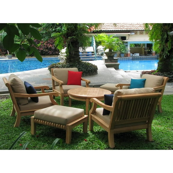 WholesaleTeak Outdoor Patio Grade-A Teak Wood 7 Piece Teak Sofa Set - 4 Lounge Chairs, 2 Ottomans and 36" Round Coffee Table -Furniture only --Giva Collection #WMSSGV6