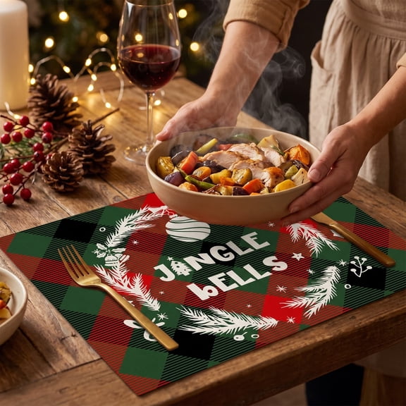 Christmas Plaid Placemats ,Merry Christmas Buffalo Plaid Fabric Table Mats, Farmhouse Heat Resistant Dining Table Place Mats for Holiday Xmas Party