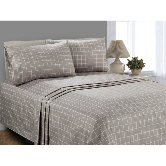 Mainstays Soft Wrinkle Resistant Microfiber Queen Taupe splash Plaid Sheet Set