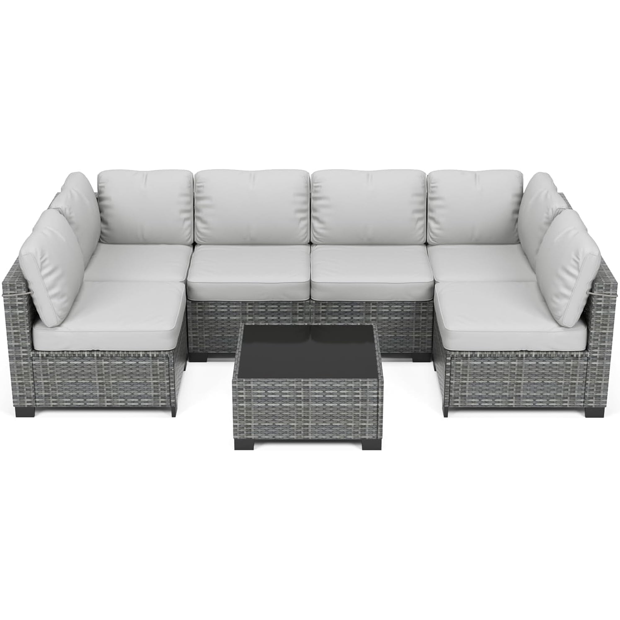 IdealHouse 7 Pieces Outdoor Patio Furniture Set, Rattan Conversation Set with Coffee Table, Cushioned Sofa, Multi-Piece U-Shaped Design, Modular Family Seating, Grey + Grey