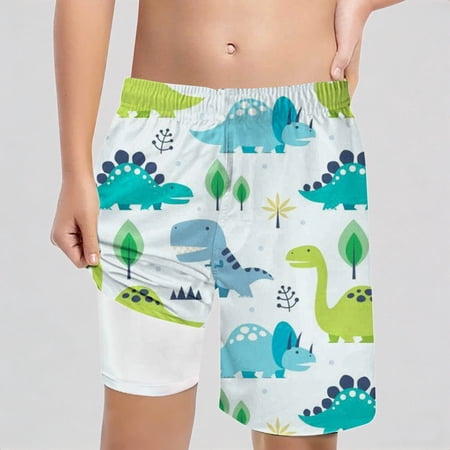 REDARER Boys 2-in-1 Swim Shorts - Cartoon Dinosaur & Nature Print Built-In Compression Liner Elastic High Waist Loose Casual Style for Summer Beach Pool 7 Years