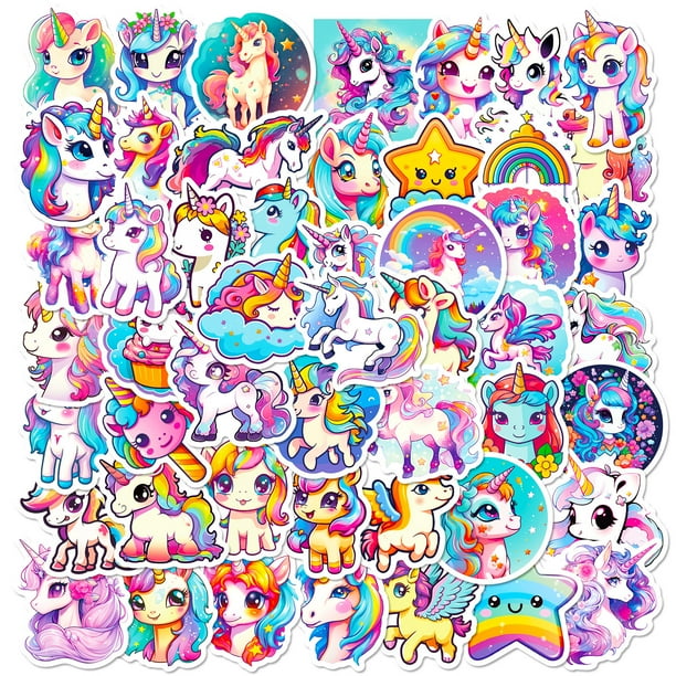 Set de pegatinas con bonitos dibujos animados de unicornios y caballos arcoíris para niños, 50