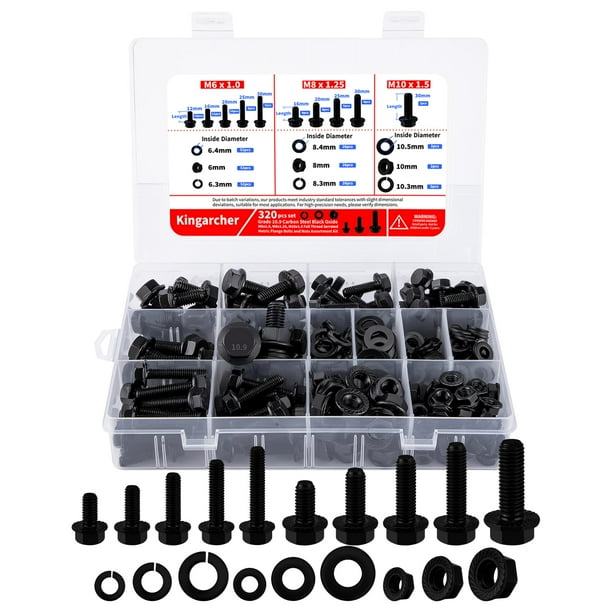 Kit surtido de tornillos y tuercas con brida métrica, 320 piezas, grado 10.9