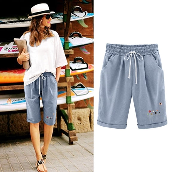 Gkeoshab Shorts for Women Women's Summer Cotton High Waist Shorts Plus Size Tie Knot Design Breathable Beach Style with Pockets Loose Fit Knee Length