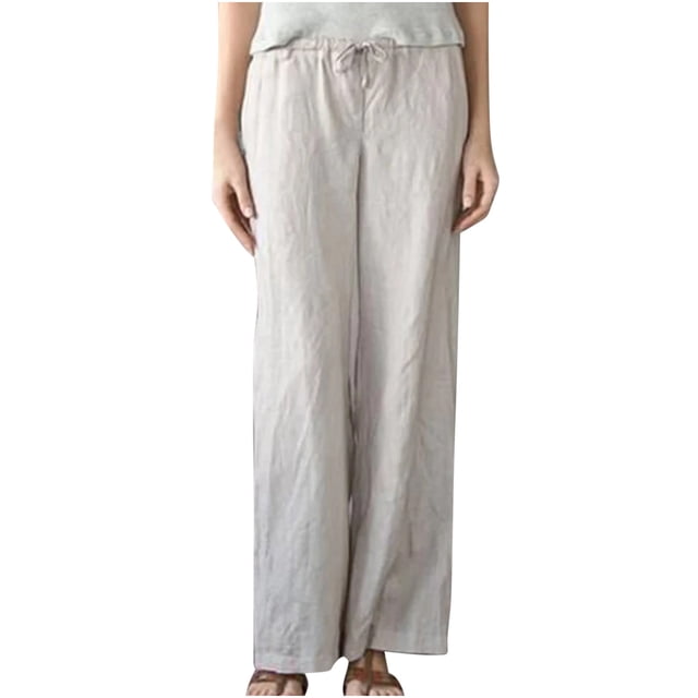 VEKDONE Pantalon Long en Lin pour Femmes Blanc P
