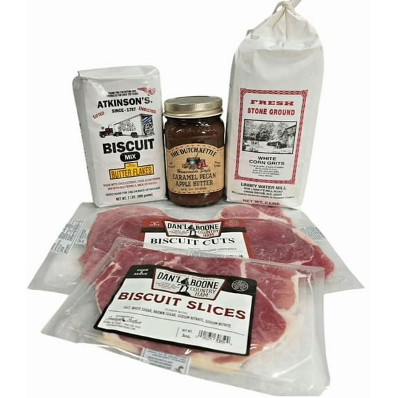 Southern Breakfast Set Grits, Biscuit Mix, Country Ham, Amish Caramel Pecan Apple Butter Holiday Gift