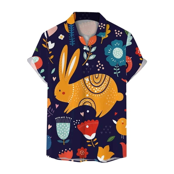 Men's Fashion Casual Easter 3D Digital Rabbit Print Short Sleeve Button Down Shirt Dark Blue L