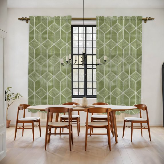 Sage Green Geometric Kitchen Curtain for Berdoom Living Room Cafe 72 Inch Length, Checkered Modern Abstract Art Tiers Curtains Light Filtering Drapes Rod Pocket Window Treatment 2 Panels 52"Wx72"L