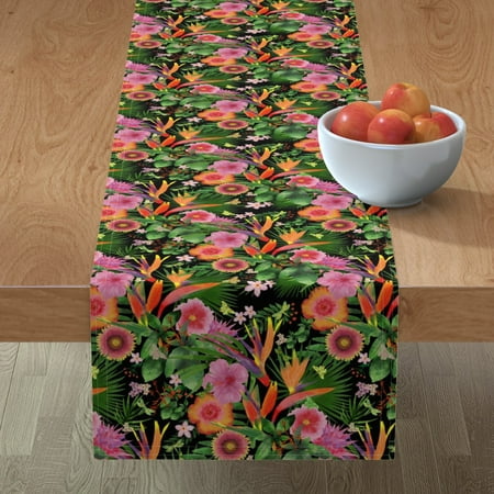 

Cotton Sateen Table Runner 72 - Tropical Forest Emerald Green Flowers Palm Trees Paradise Ferns Hibiscus Bird Digital Watercolor Print Custom Table Linens by Spoonflower
