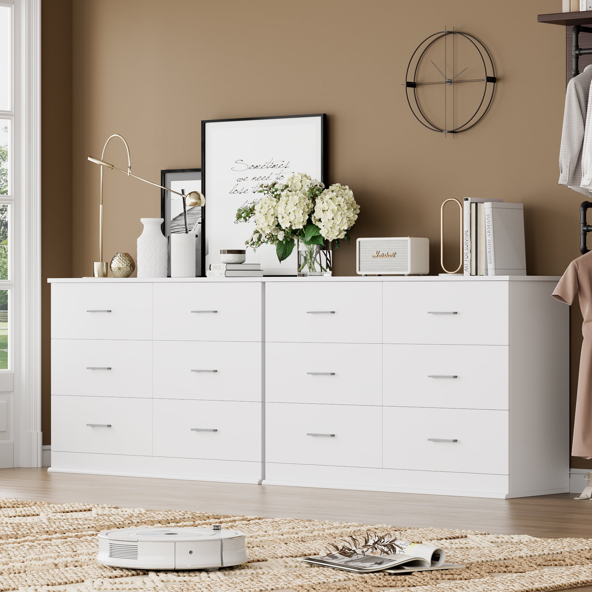 Homfa 6 Drawer White Double Dresser, Modern Wood Chest of Drawers with Metal Handles for Bedroom