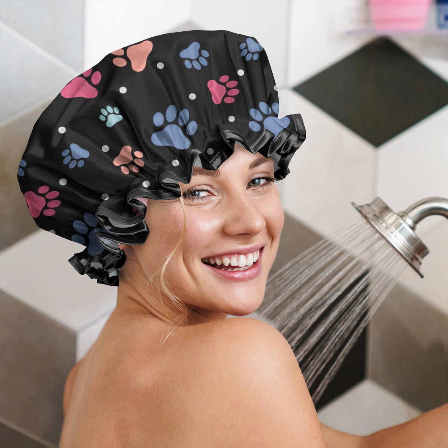 Shower Caps,Black Dog Paw Footprint Waterproof Shower Cap for Women 4 Pieces,Double Reusable Hair Cover for Shower PEVA Elastic Stretch Hem