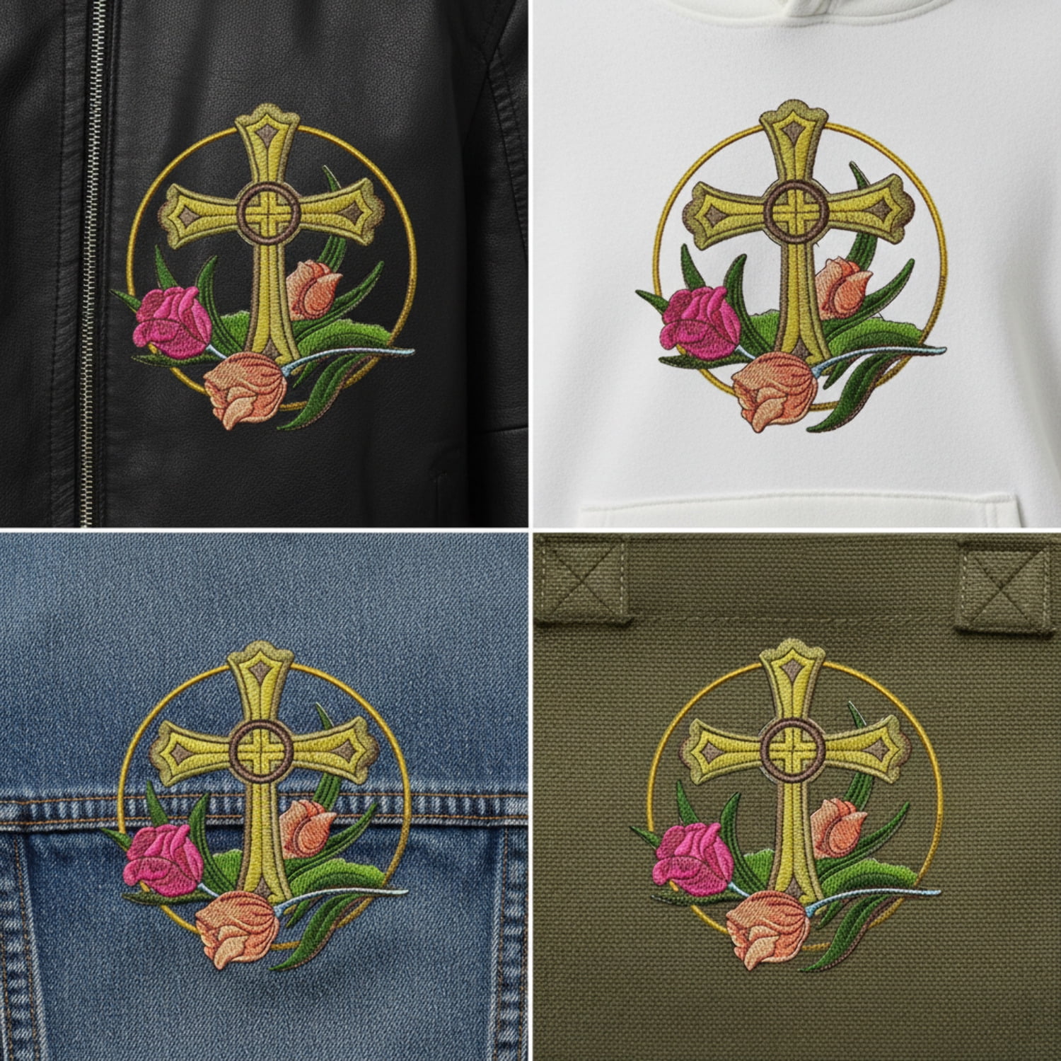 Holy Sacred Cross and Tulip Embroidery Iron On/Sew patch [5" x 5.15"]
