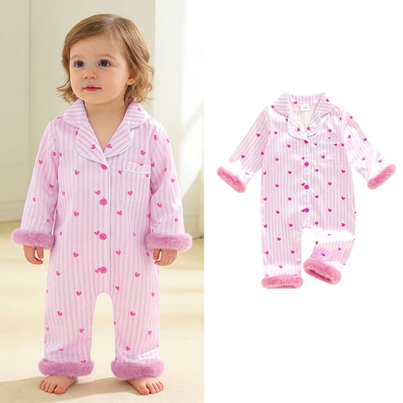 Infant Silk Pajamas Valentines Day Pajamas Heart Feather Trim Button down Long Sleeve Jumpsuit Loungewear Newborn Girl Pajamas 3-6 Months
