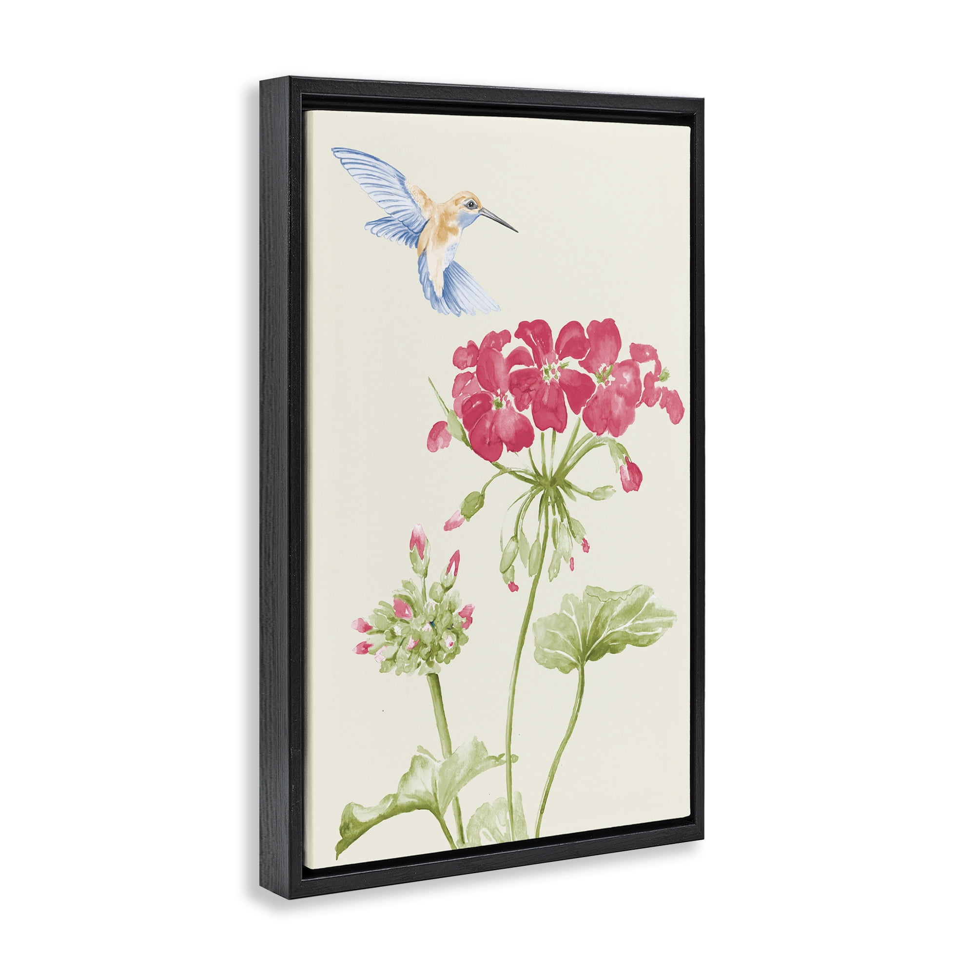 Stupell Industries Geraniums & Hummingbird Botanical & Floral Painting Black Floater Framed Art Print Wall Art, 21 x 31