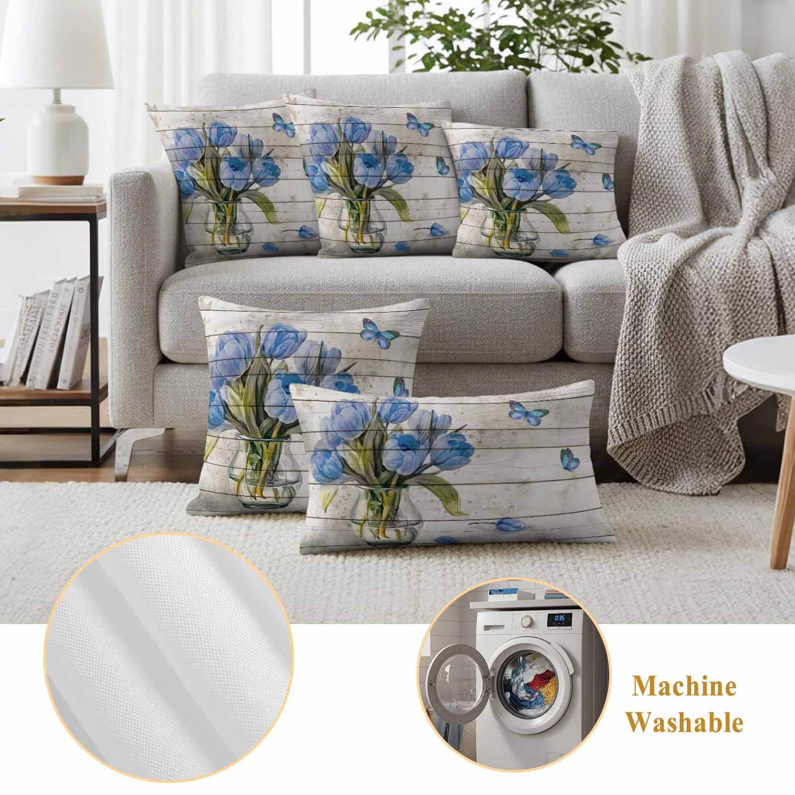 Blue Tulip Outdoor Waterproof Pillow Covers, Vintage Spring Floral Retro Art Butterfly Wooden Decorative Square Throw Pillowcase Sofa Cushion Sham for Patio/Couch/Chair, 20"x20" 2 Pack