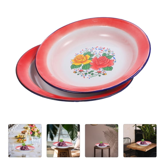 LOLIPPYY 3Pcs Vintage Style Red Enamel Food Plates Chinese Floral Design Serving Dish