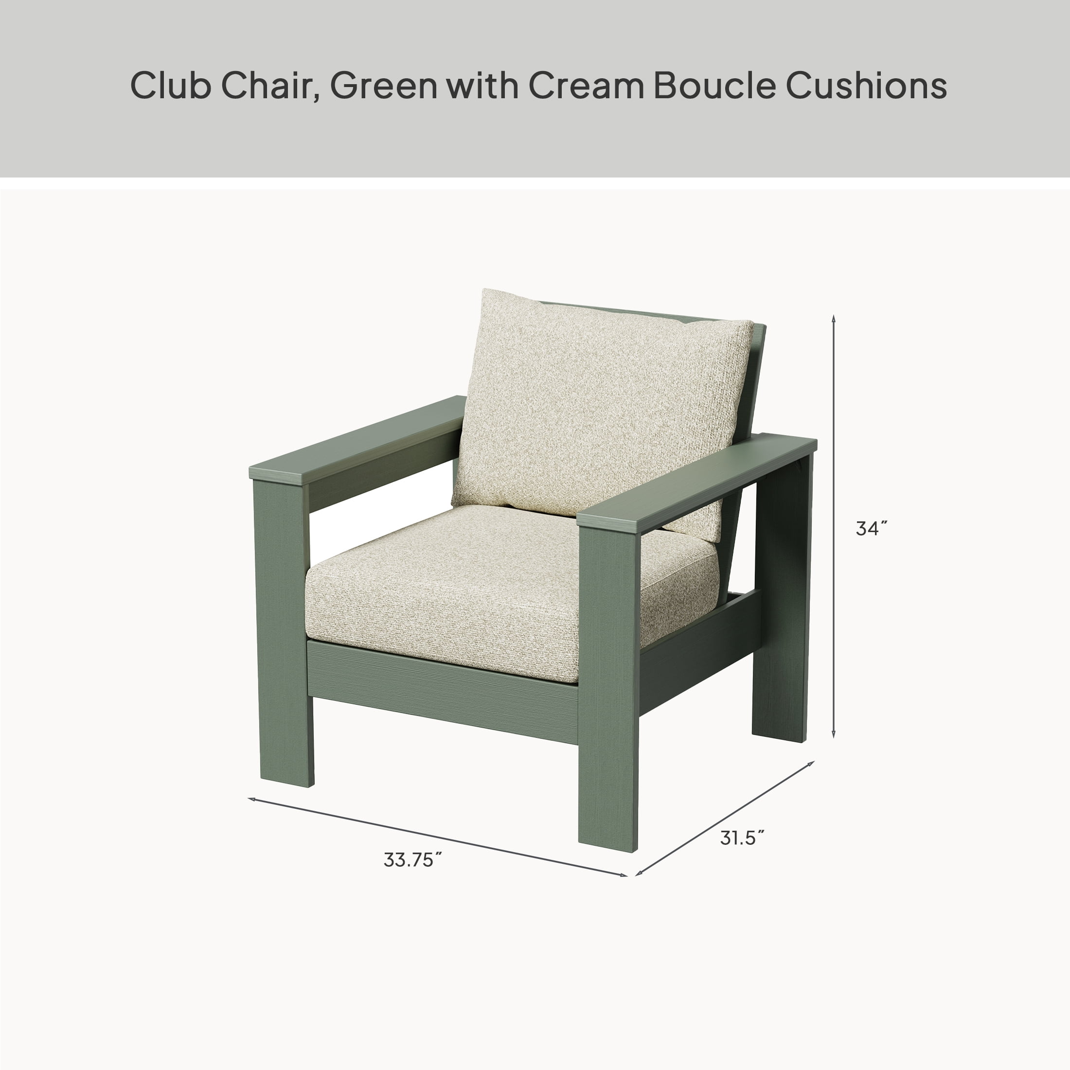 Better Homes & Gardens Ezra Outdoor HDPE Club Chair, Green with Cream Boucle Cushions