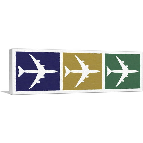 ARTCANVAS Mid-Century Modern Blue, Yellow, and Green Planes Top View Canvas Art Print - Size: 36" x 12" (0.75" Deep)