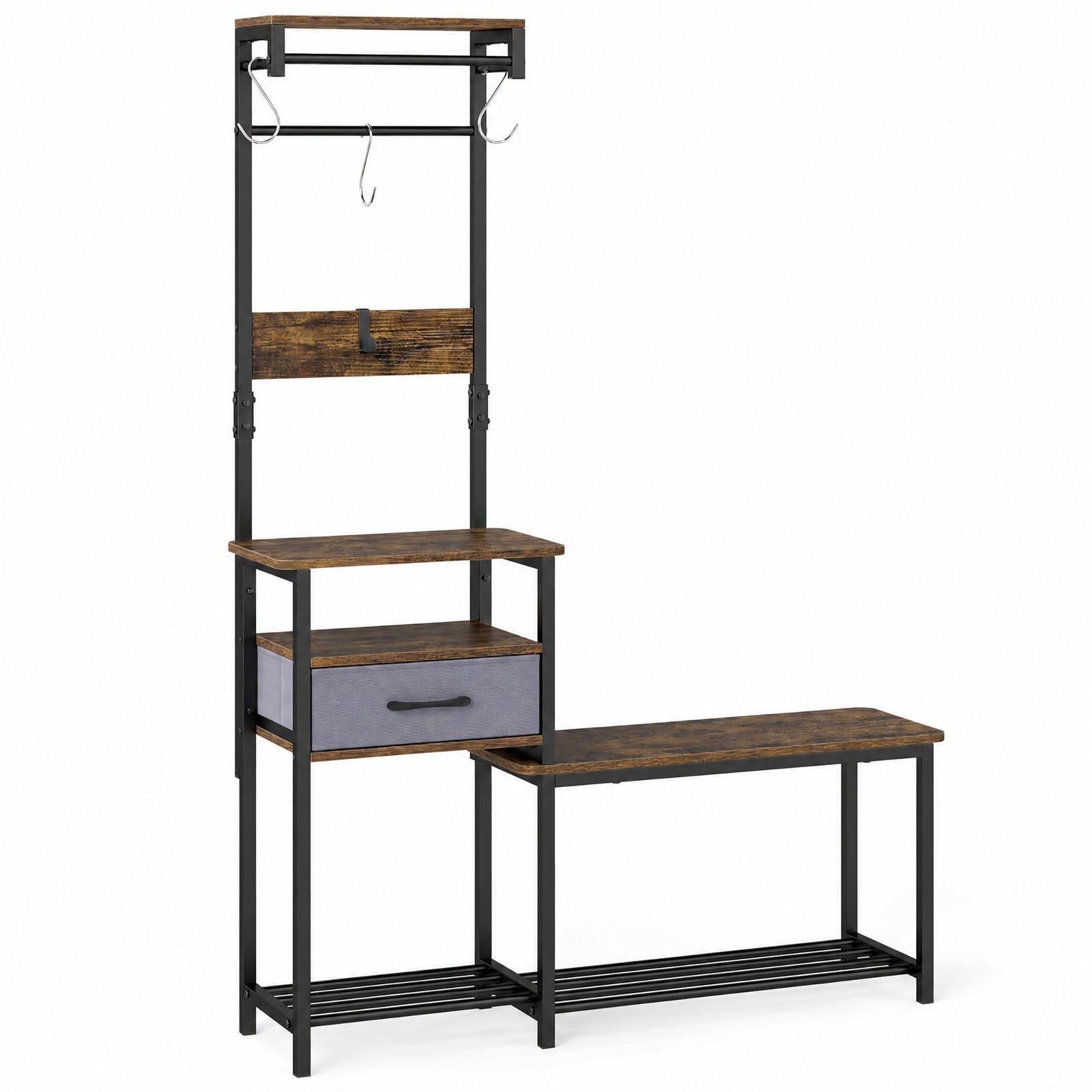 Furnibear 7 in 1 Slim Hall Tree with Shoe Bench and Hooks and Removable Fabric Drawer for Narrow Entryway and Hallway, Rustic Brown