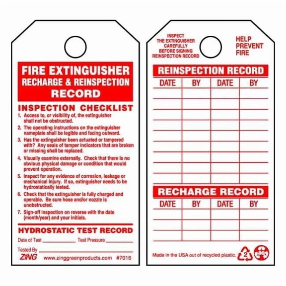 Zing Fire Extinguisher Tag, 5 3/4 in Height, 3 in Width 7016