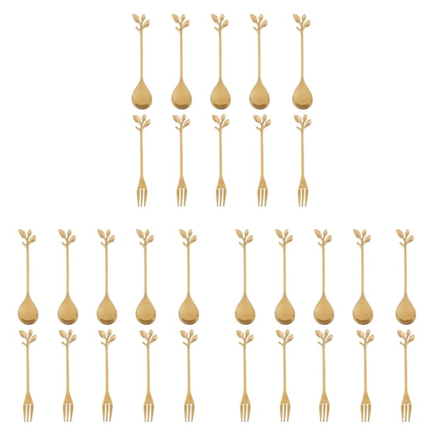 15 Cuchara + 15 Tenedores Hoja de Acero Inoxidable Cuchara para Pastel de Café Tenedor Cucharas para Postre, Juego de Cucharaditas para Remover Dorado