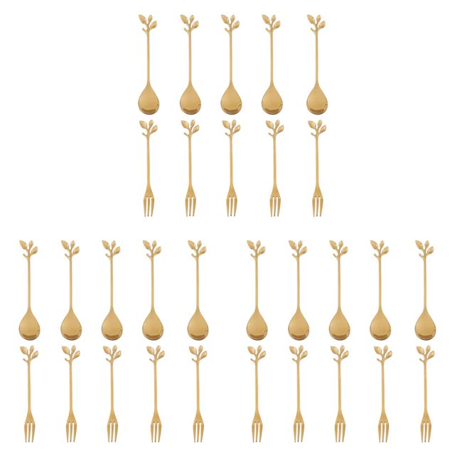 15 Cuchara + 15 Tenedores Hoja de Acero Inoxidable Cuchara para Pastel de Café Tenedor Cucharas para Postre, Juego de Cucharaditas para Remover Dorado