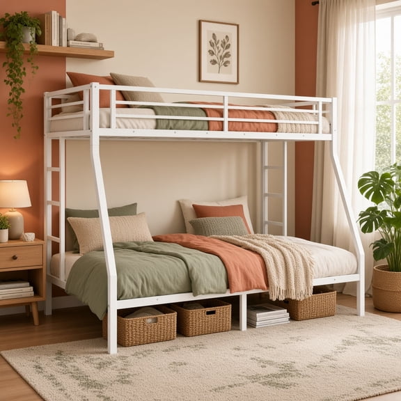 Twin XL over Queen Metal Bunk Bed, Space-Saving, Noise Reduced, No Box Spring Needed, White