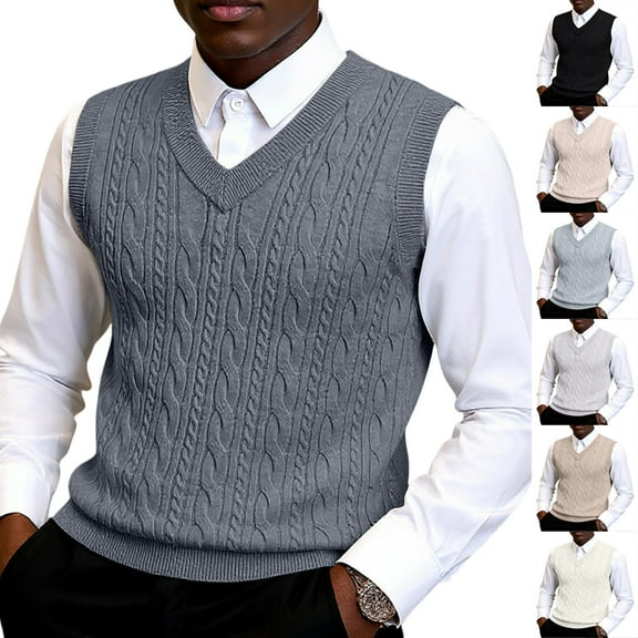 Men's V-Neck Thickened Knit Sweater Vest, Sleeveless Cable Knit Waistcoat, Winter Warm Layering Piece for Casual Outfits